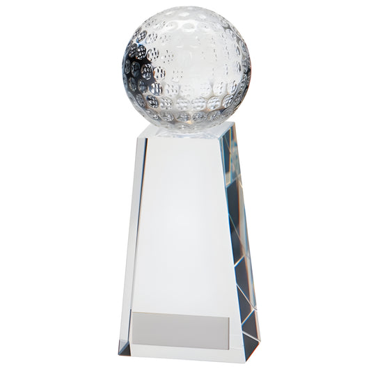 Crystal golf trophy with golf ball on top for award recognition