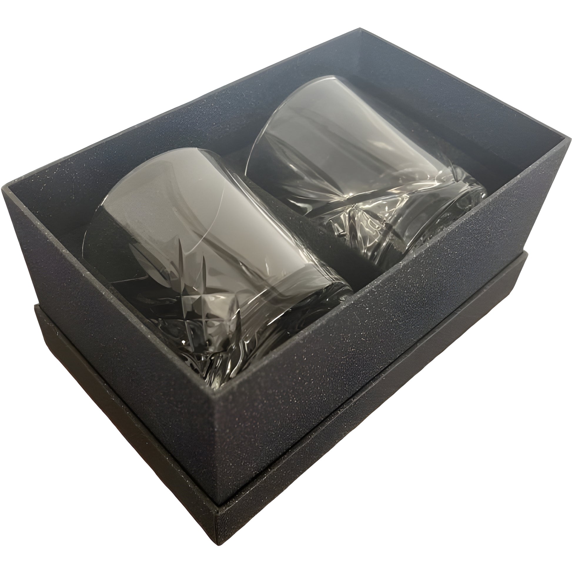 Two cut crystal whiskey glasses in graphite gift box.