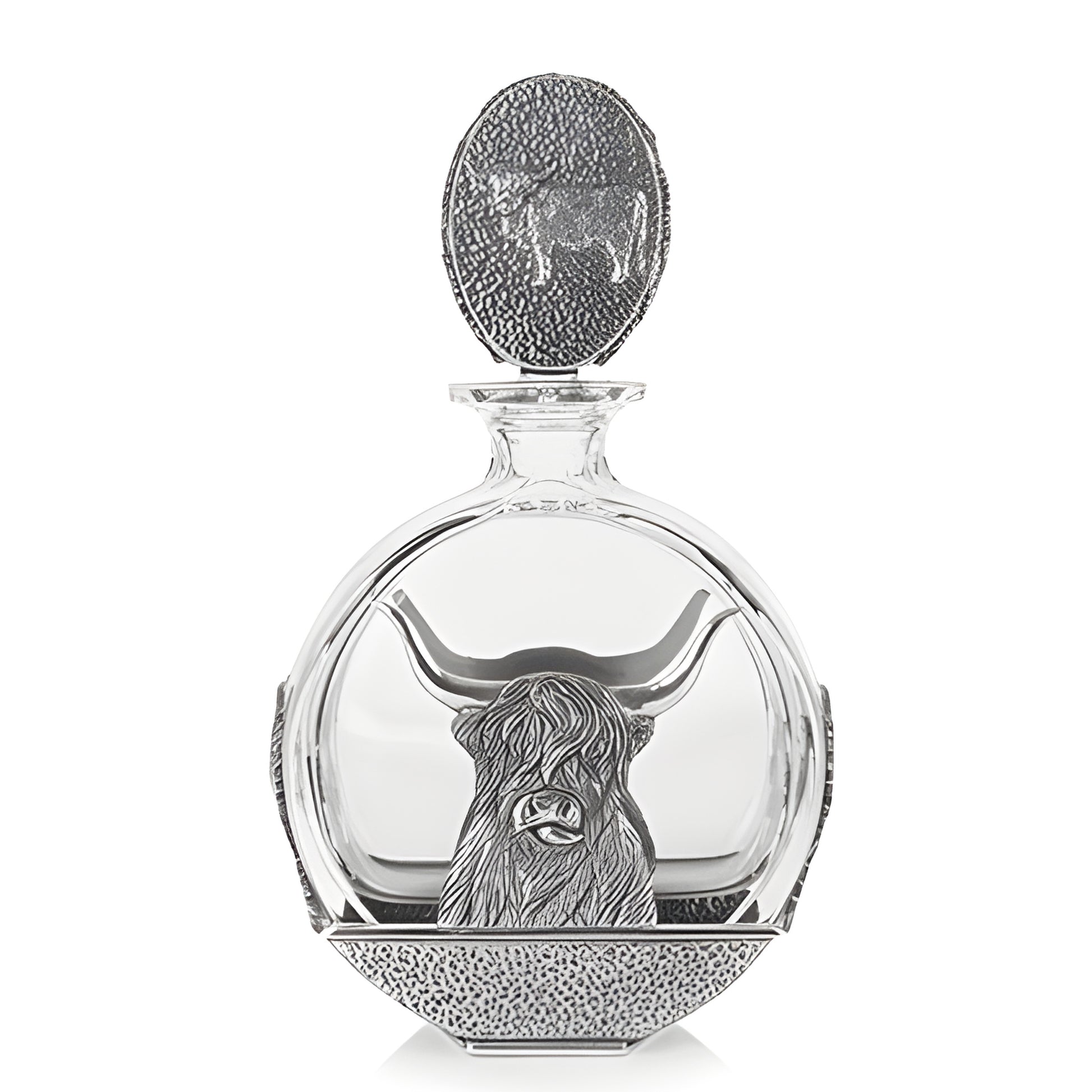Glass decanter with a highland cow design, featuring a metal bull emblem and rustic detailing.
