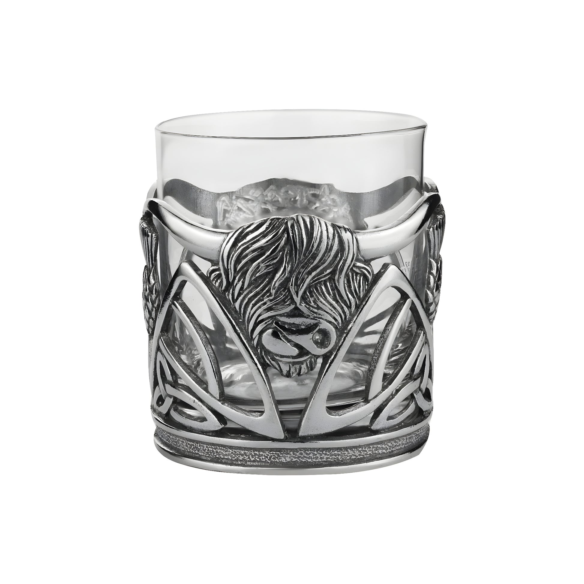Pewter whisky glass with Highland cow and Celtic design, perfect Scottish gift.