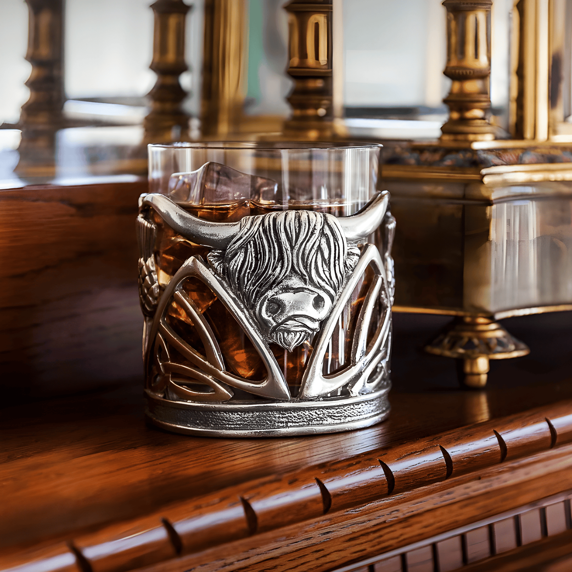 Pewter whisky glass holder with a highland cow design on a wooden shelf.
