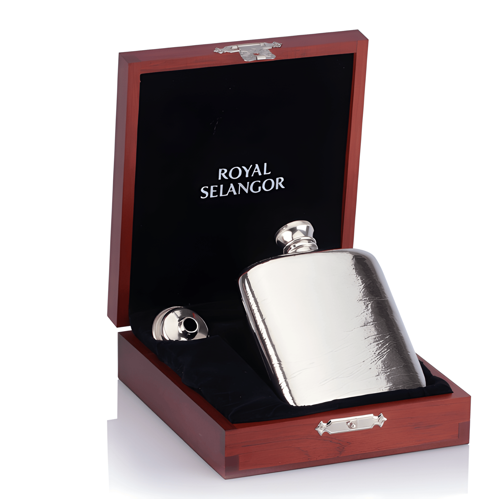 Royal Selangor pewter hip flask in a wooden gift box.