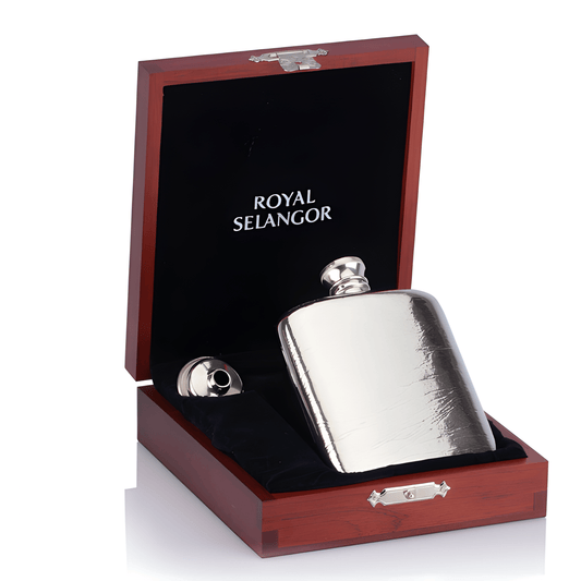 Royal Selangor pewter hip flask in a wooden gift box.