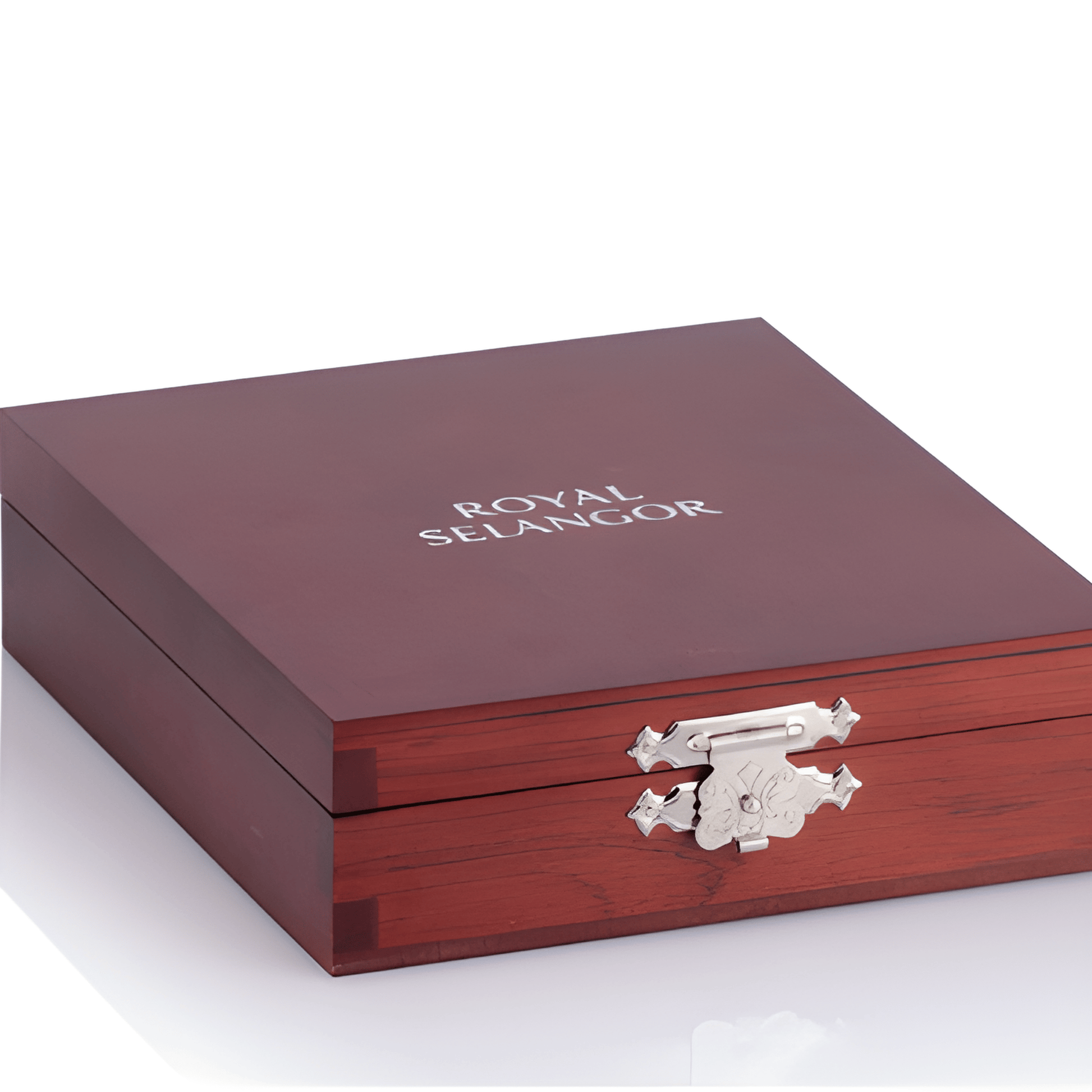 Royal Selangor wooden box with decorative clasp for hip flask gift set.