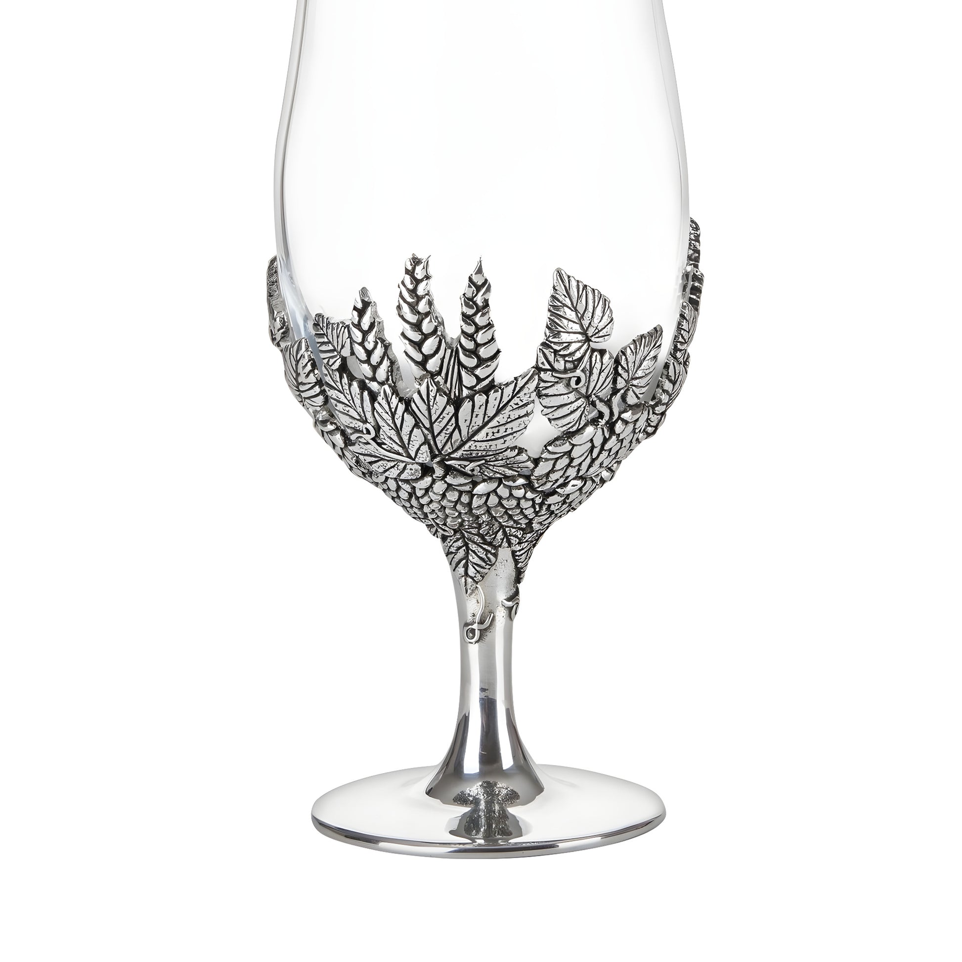 Glass beer goblet with intricate metal hops and barley leaf design.