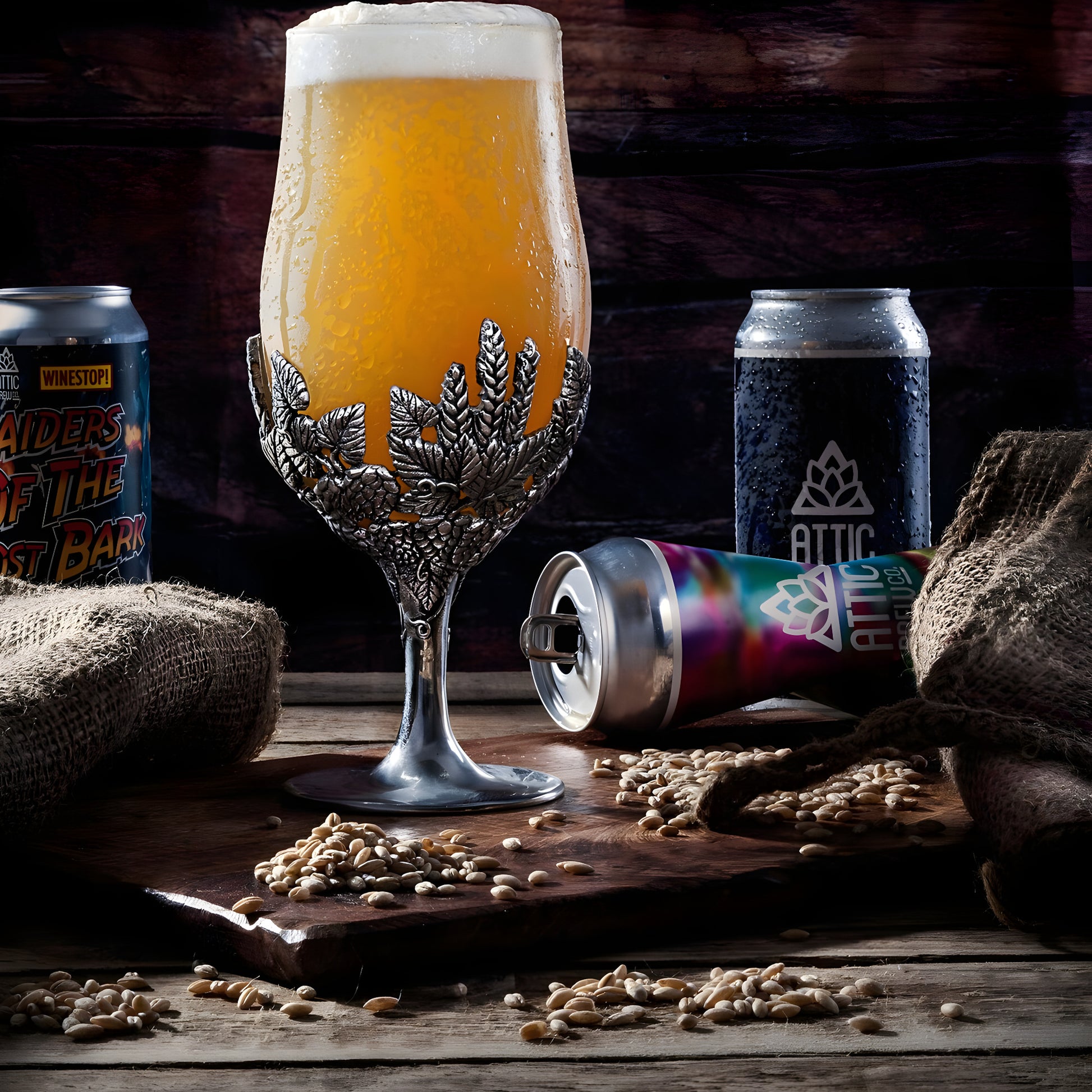 Ornate beer goblet surrounded by craft beer cans and barley grains on wooden table.