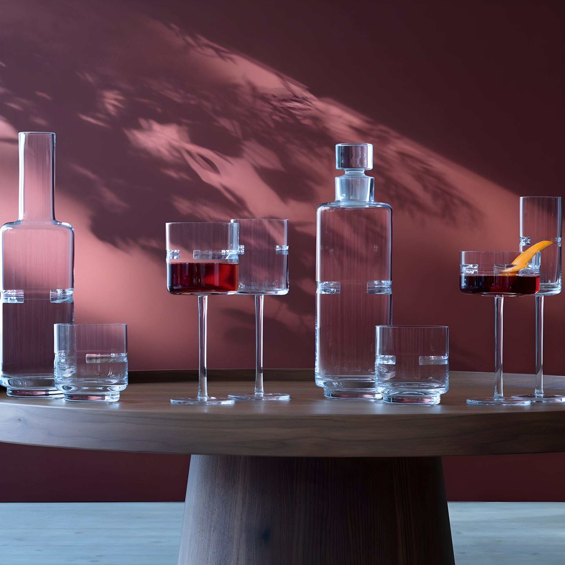 Crystal glassware set including decanters and coupes on a wooden table.