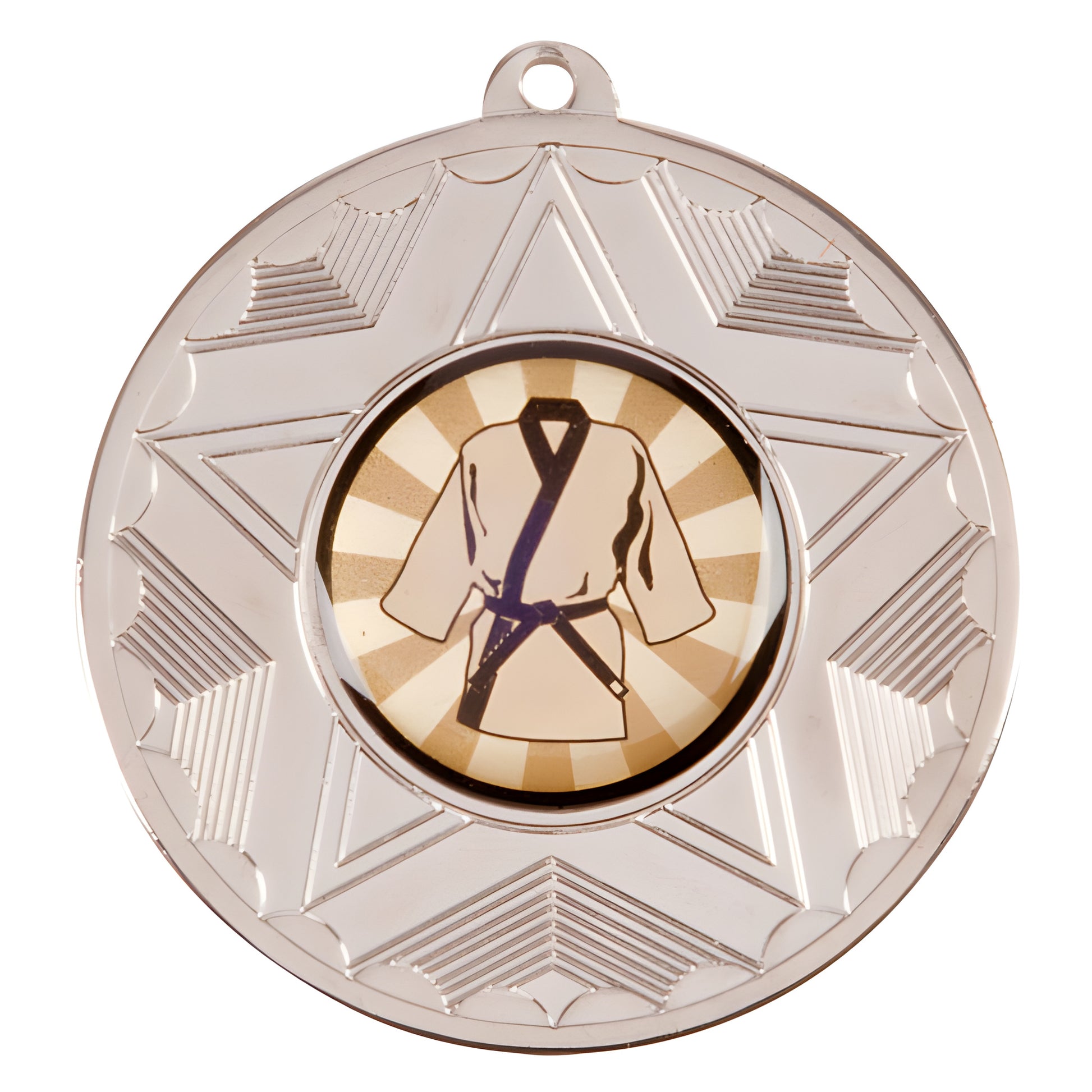 Silver medal with karate jacket design and star pattern.