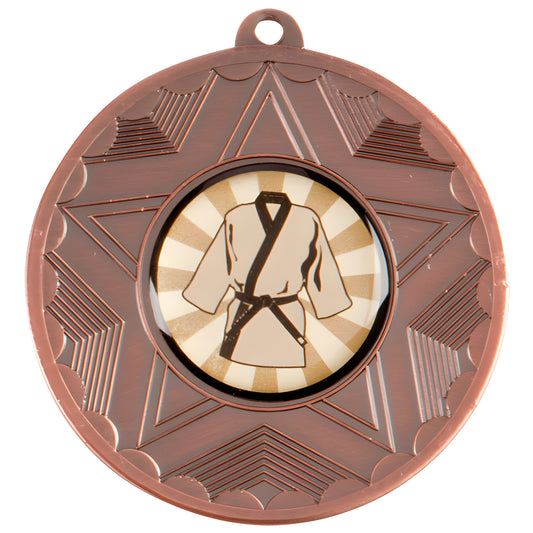 Bronze medal with karate gi design on star background.