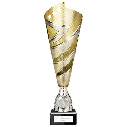 Gold trophy with three star cutouts and engraving base.