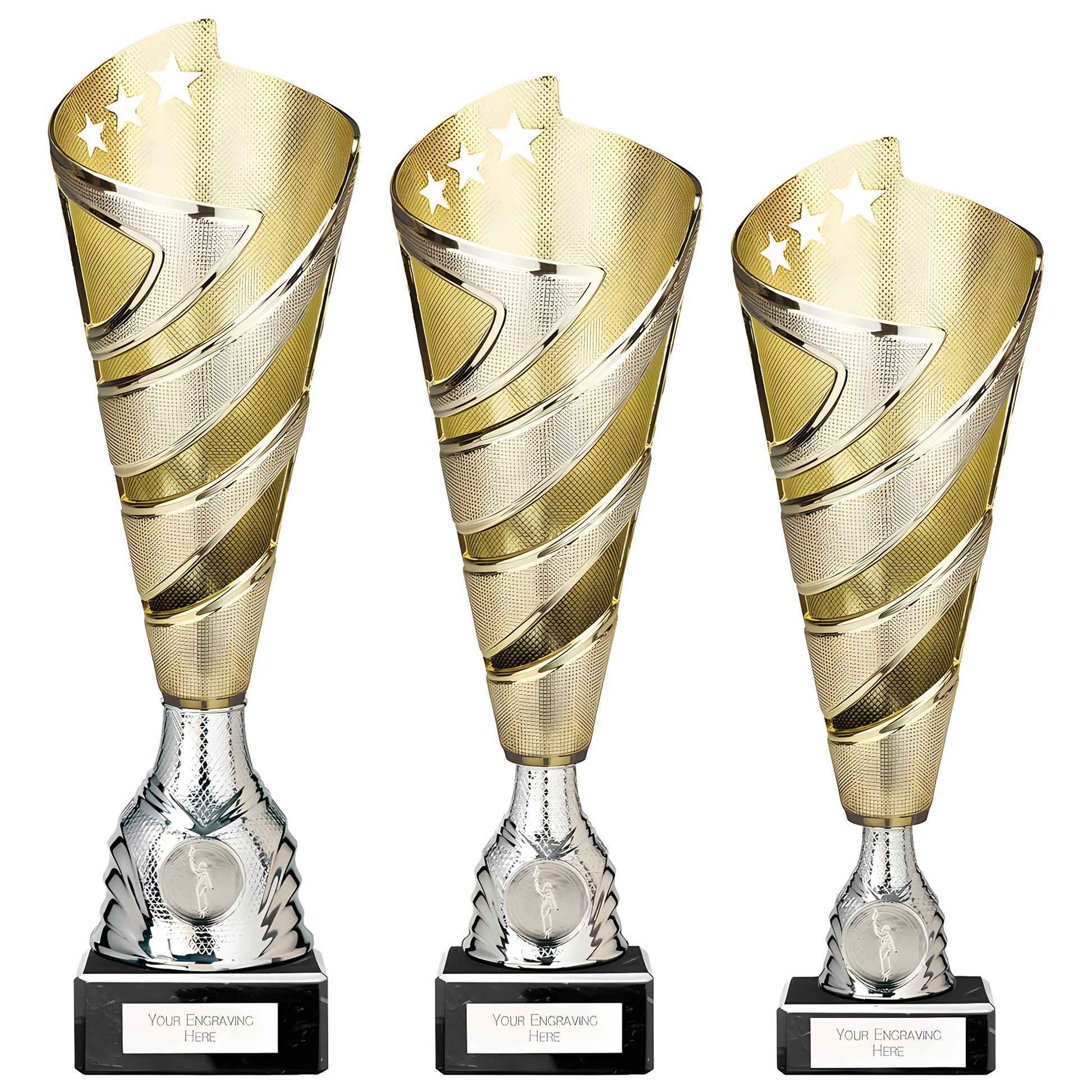Three gold spiral trophies with stars on black bases.