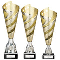 Three gold spiral trophies with stars on black bases.