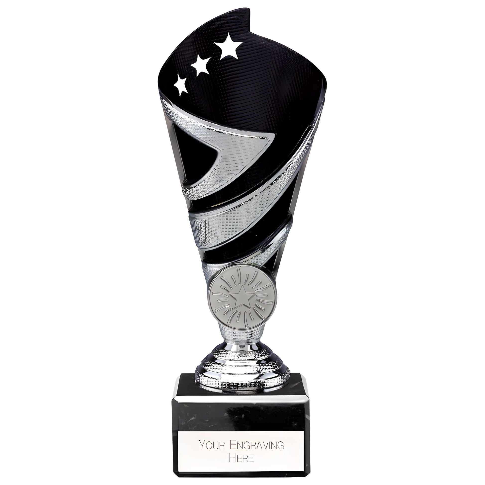 Silver and black plastic multisport trophy with engraving area, 170mm tall.