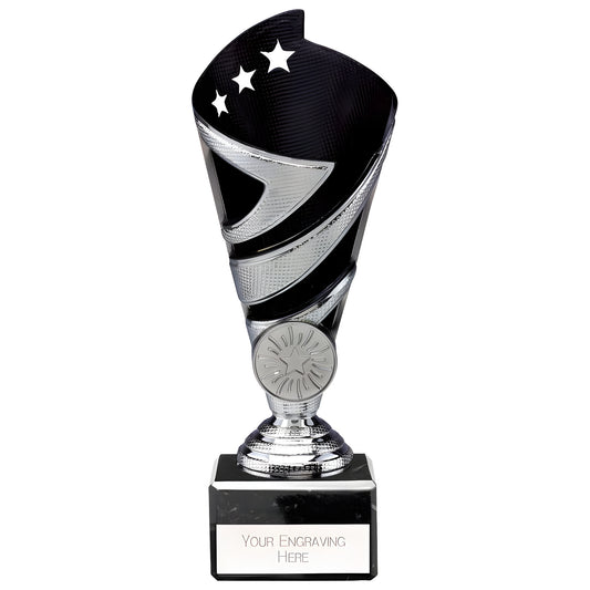 Silver and black plastic multisport trophy with engraving area, 170mm tall.