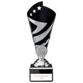 Silver and black plastic multisport trophy with engraving area, 170mm tall.