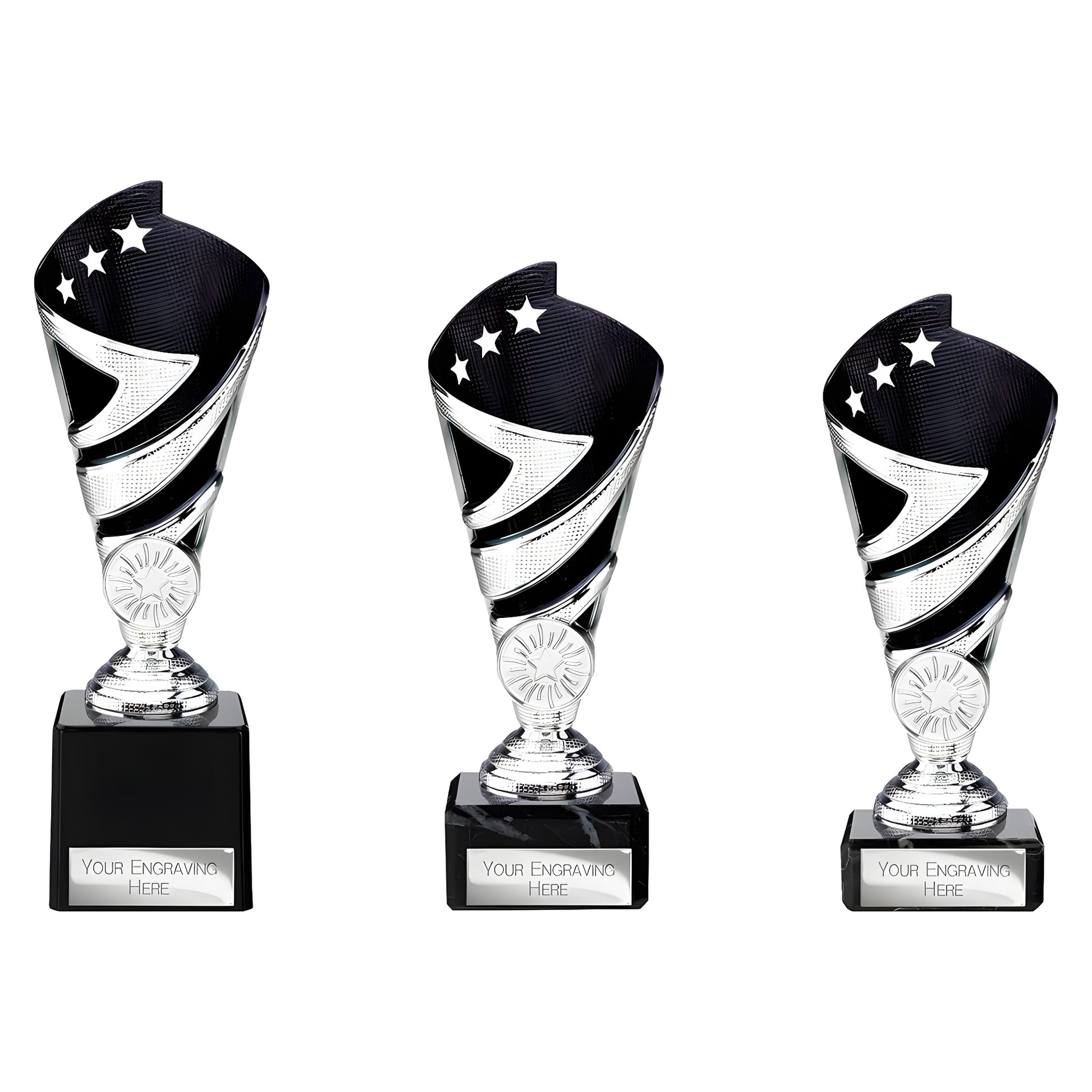 Three silver and black sport trophies with customizable engraving plates.