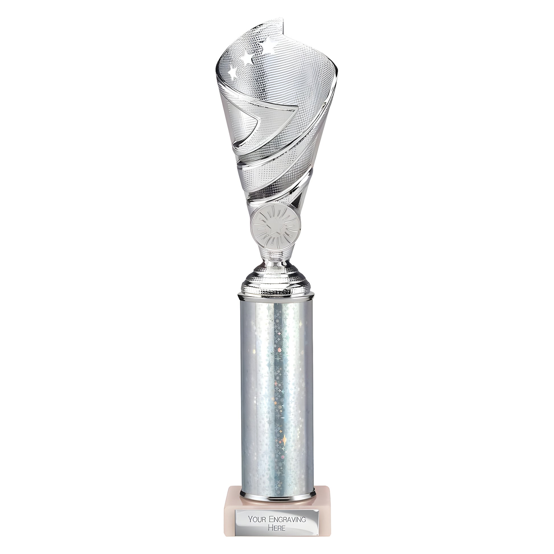 Silver sport trophy with engravable base and decorative spiral design.