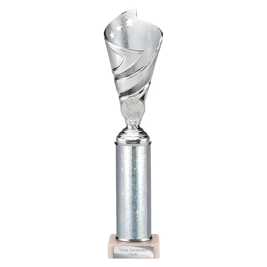 Silver sport trophy with engravable base and decorative spiral design.