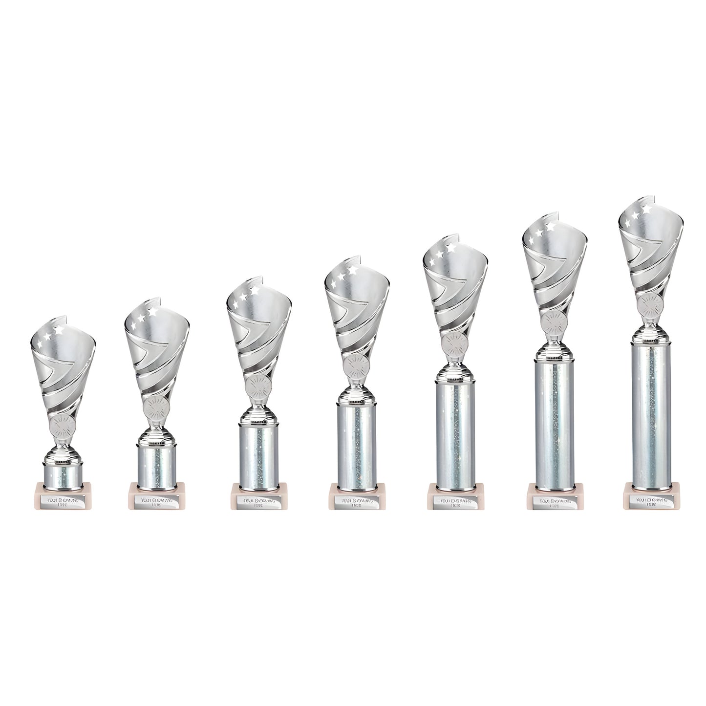 Set of seven silver multisport plastic tube trophies in varying sizes.