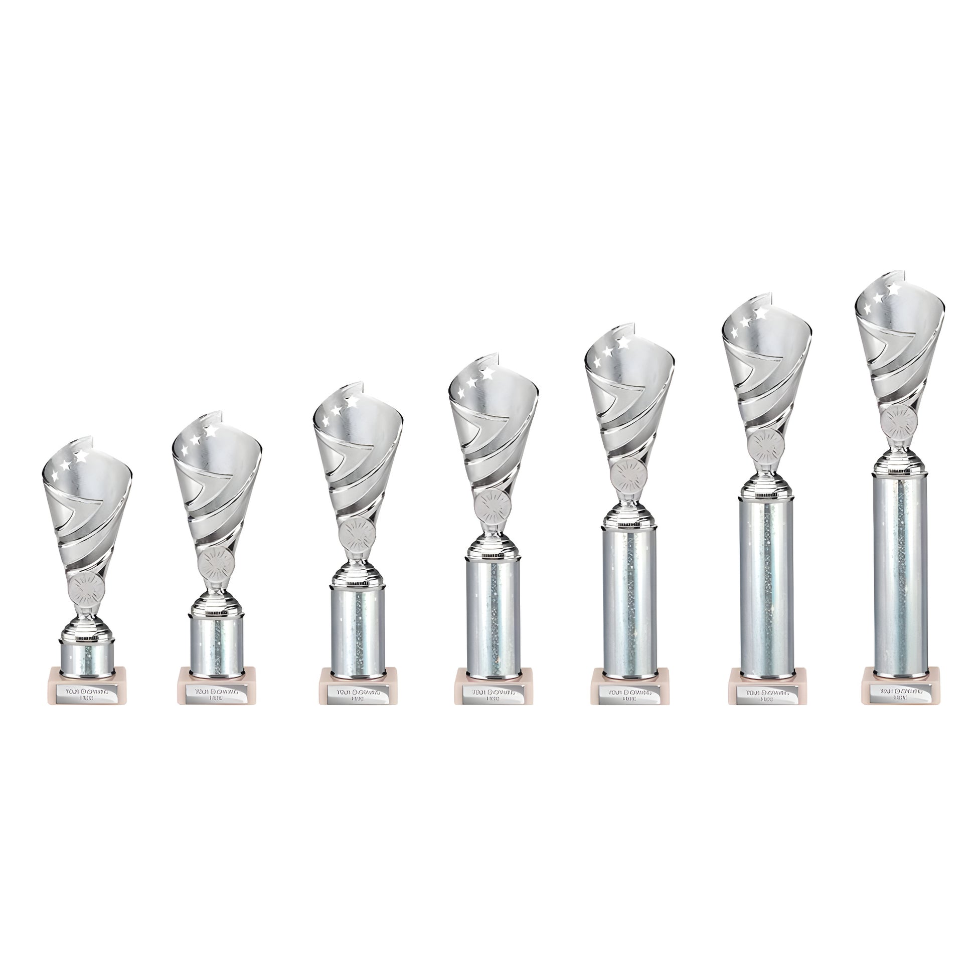 Set of seven silver multisport plastic tube trophies in varying sizes.