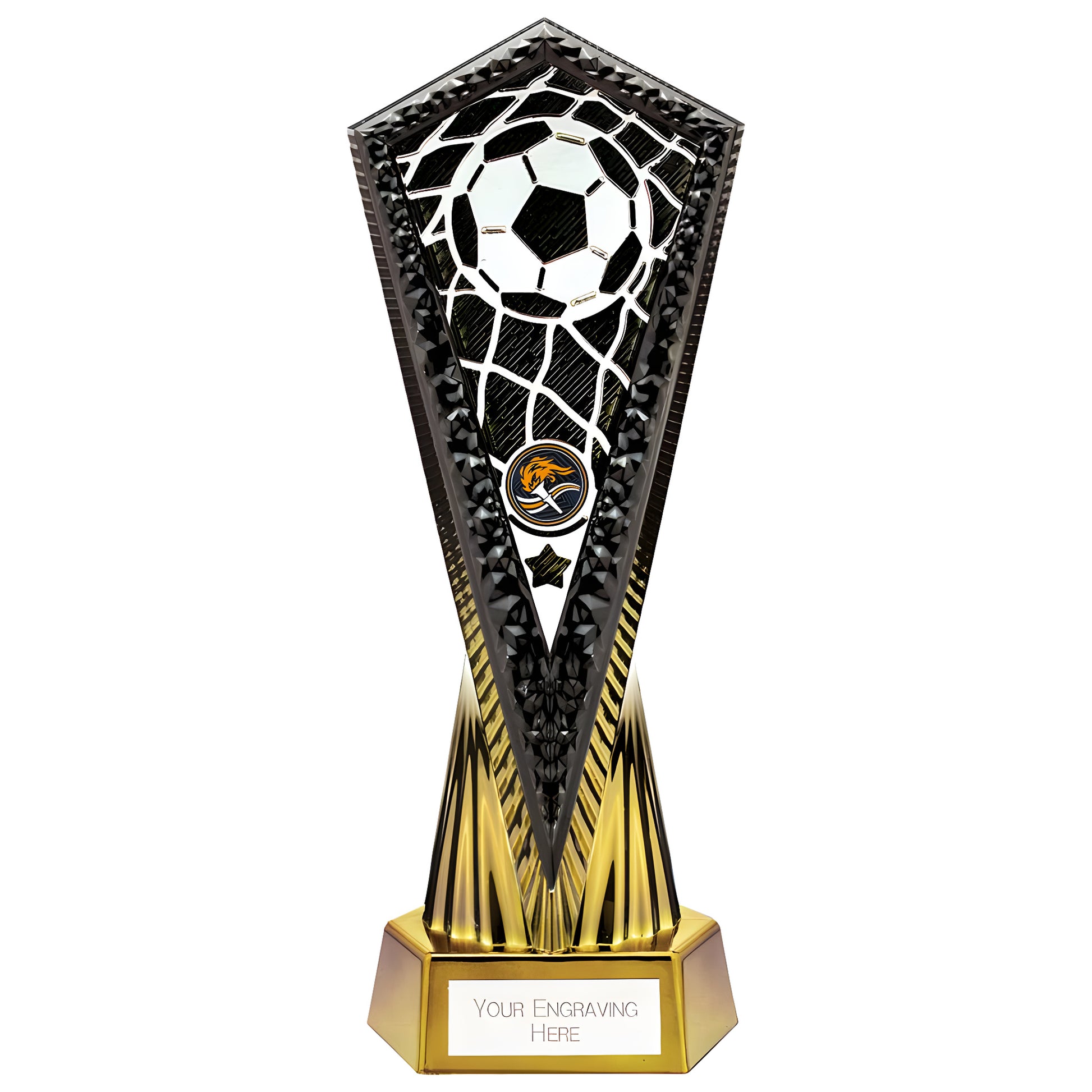 Carbon black and fusion gold soccer trophy with customizable engraving plate.