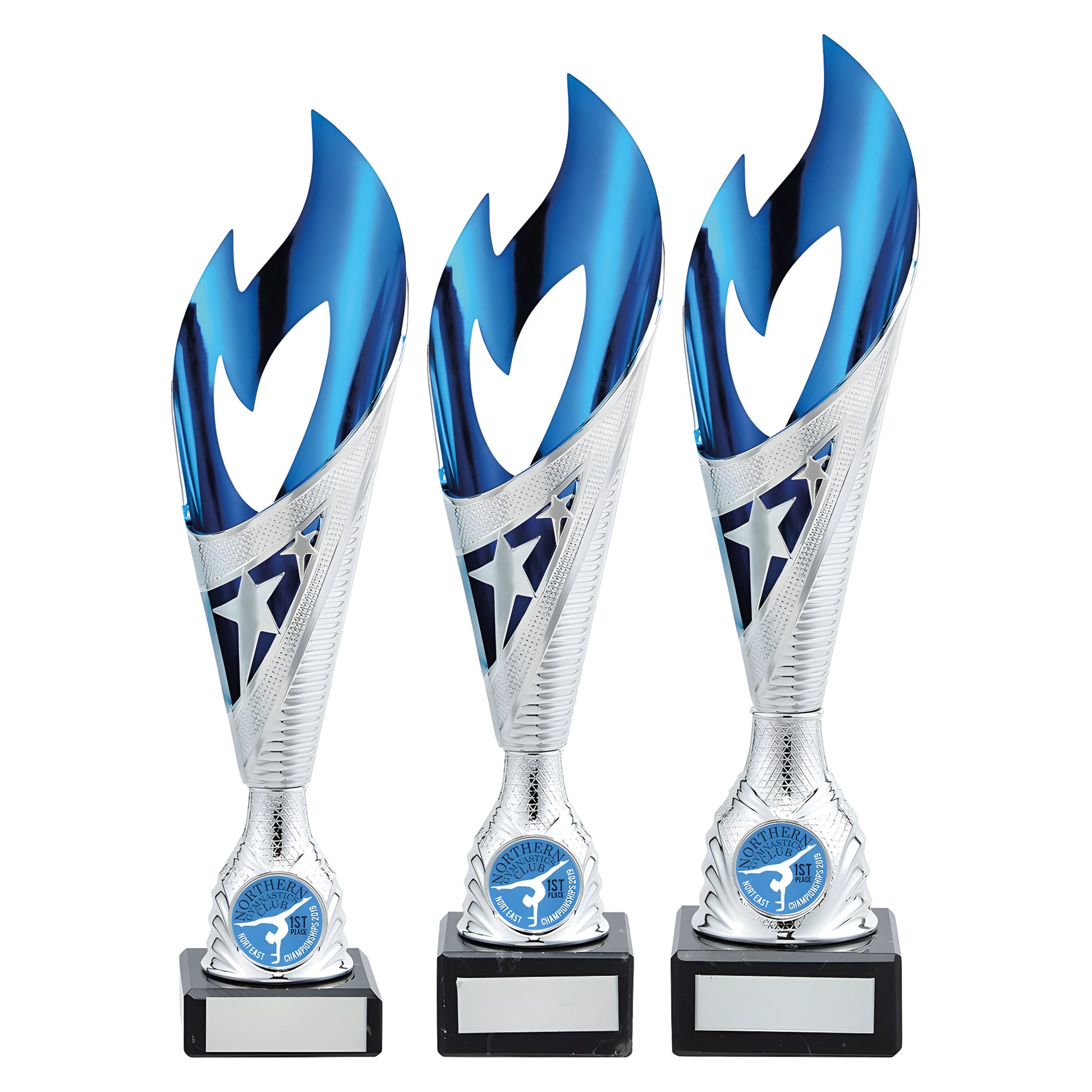 Three silver and blue laser cut trophies with star design on black bases.