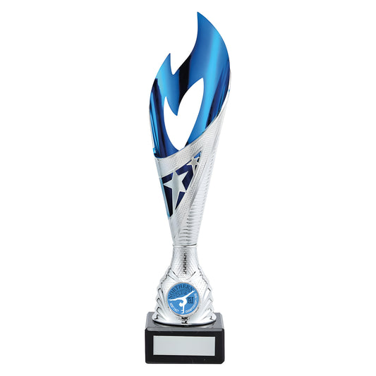 Silver and blue flame design trophy with star detail and black base