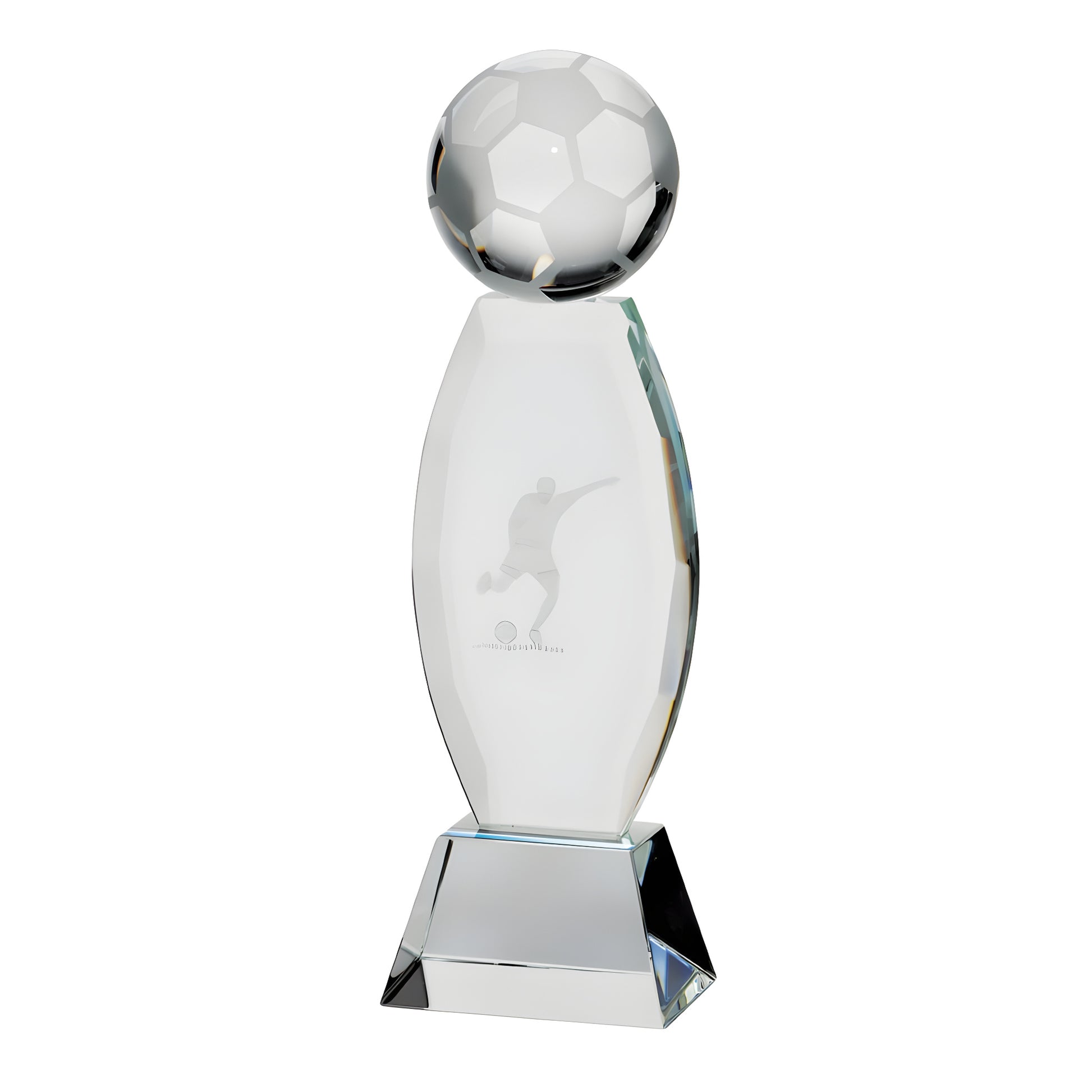 Elegant crystal football award with etched footballer design.