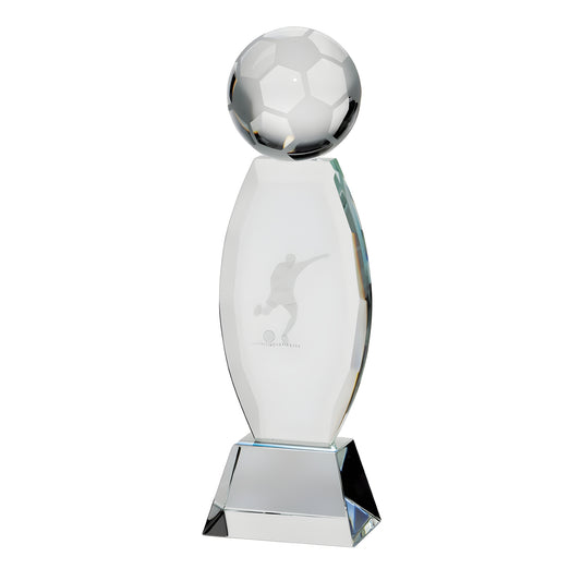 Elegant crystal football award with etched footballer design.
