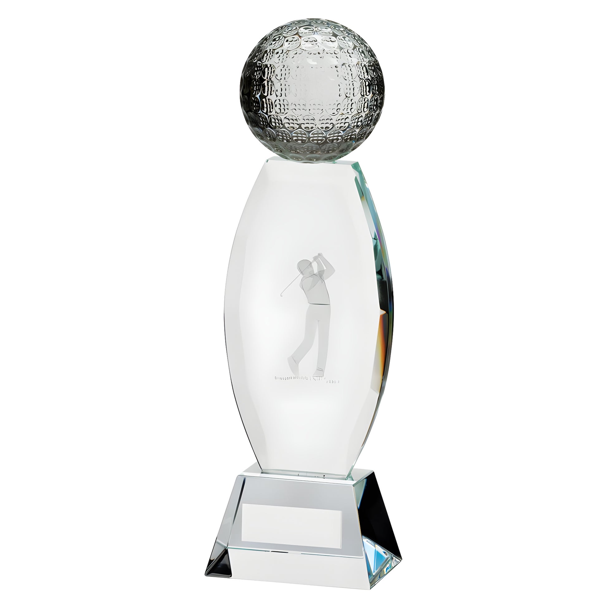 190mm crystal golf award with engraved golfer and golf ball on top.