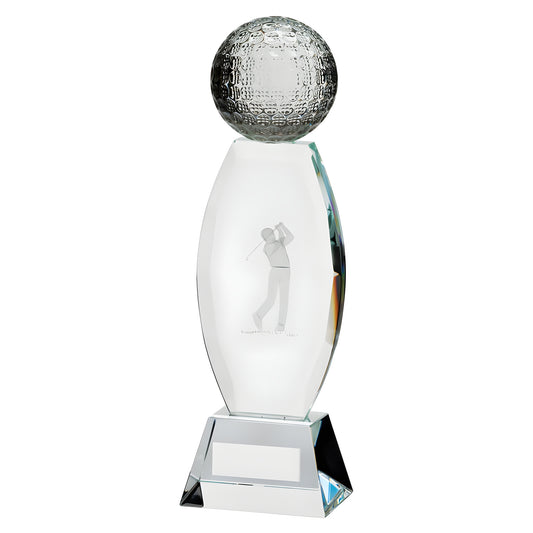 190mm crystal golf award with engraved golfer and golf ball on top.