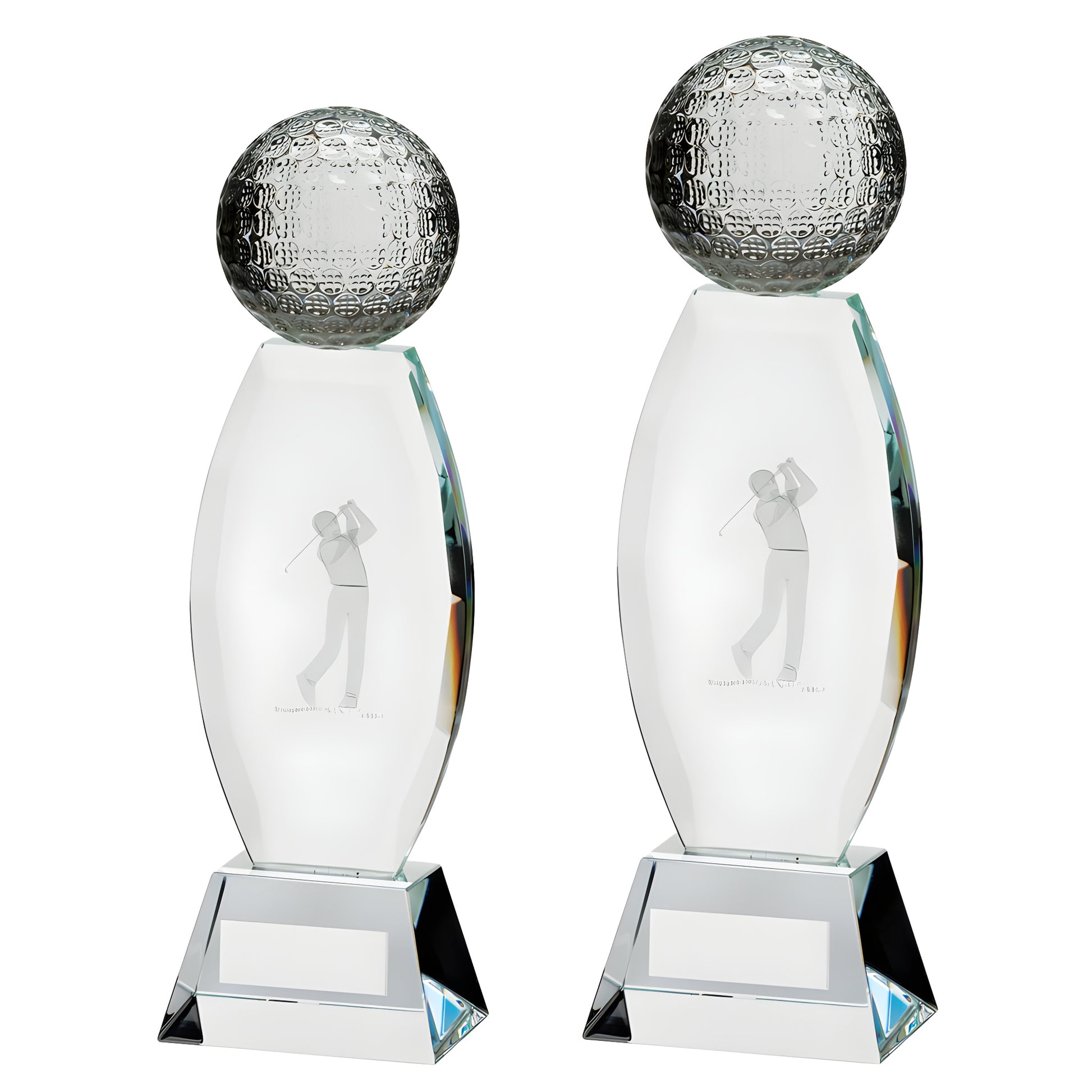 Infinity golf crystal awards with golfer silhouette engraving on glass trophy.