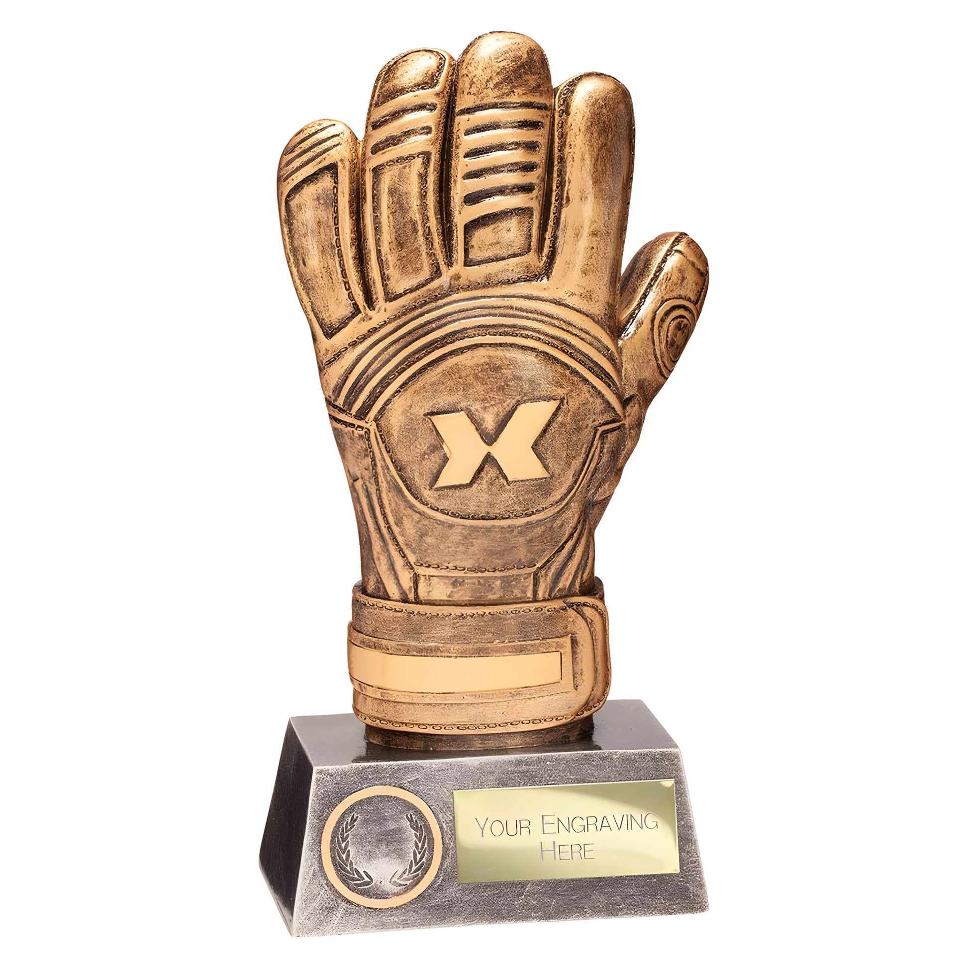 Golden goalkeeper glove trophy with personalization plaque.