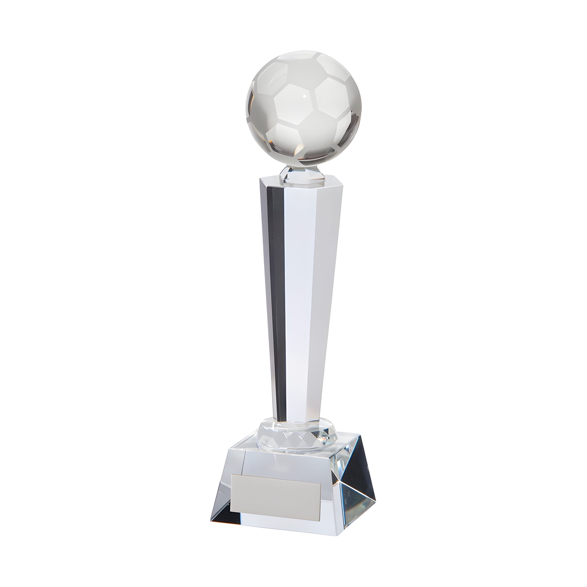 Crystal soccer trophy with a pedestal base.