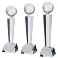 Three elegant soccer ball crystal award trophies with engraving plates.