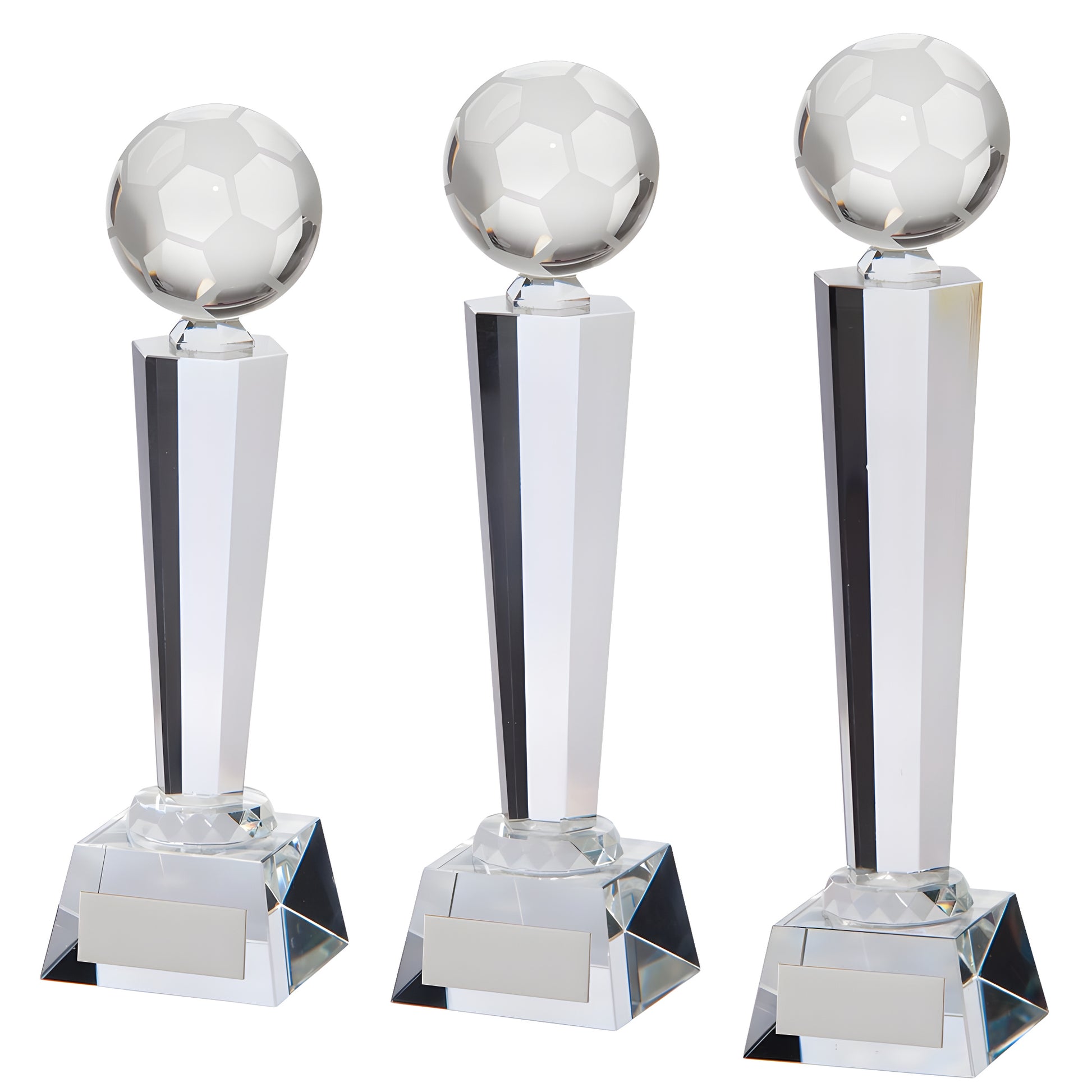 Three elegant soccer ball crystal award trophies with engraving plates.