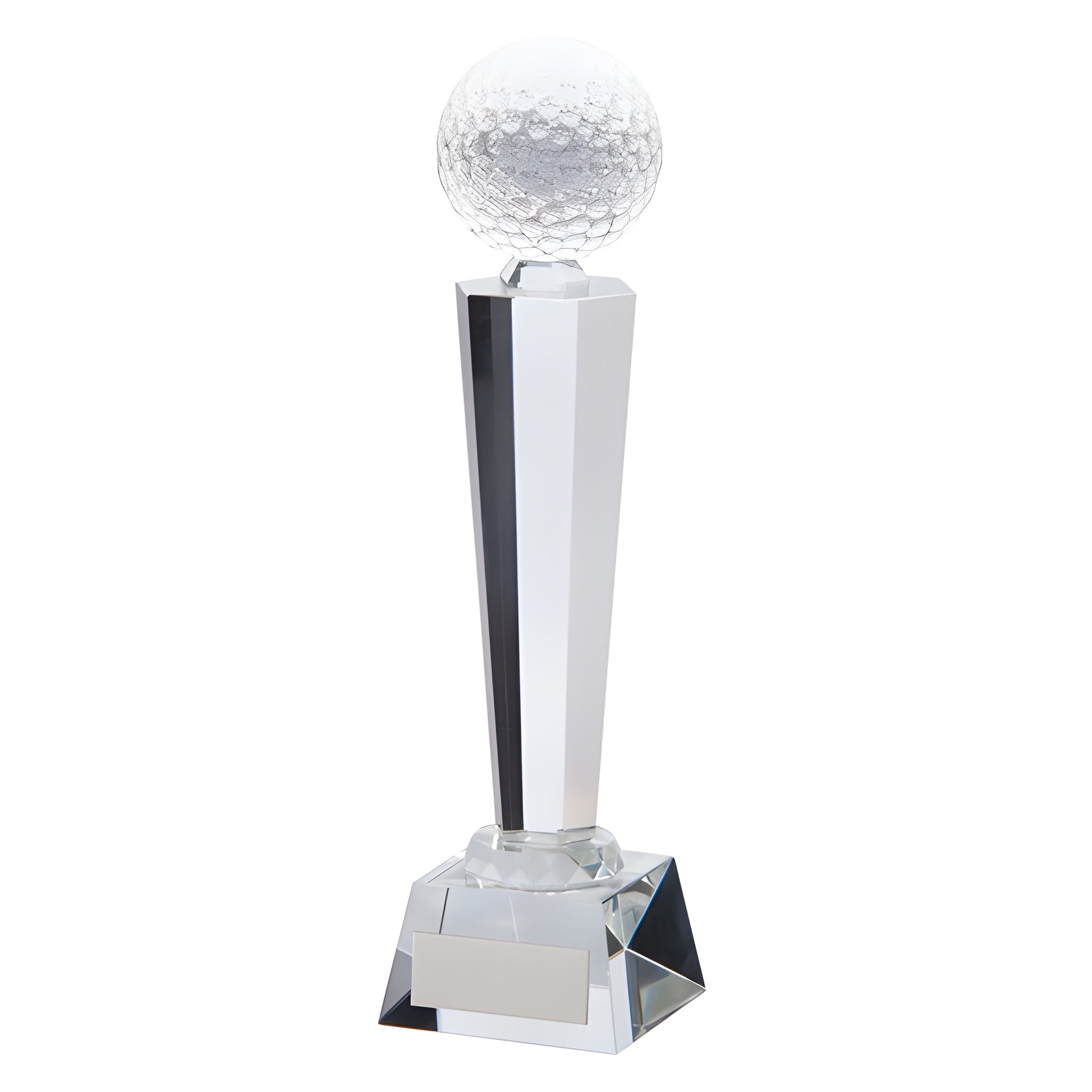 Crystal golf trophy with geometric design and a golf ball on top.
