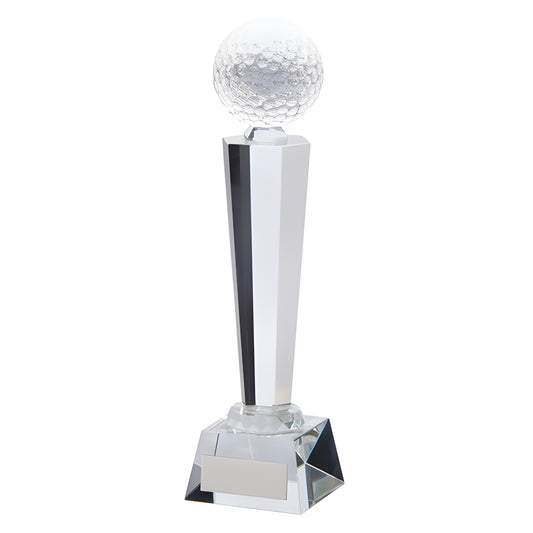 Crystal golf trophy with geometric design and a golf ball on top.