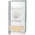 Clear crystal golf award with longest drive engraving and decorative golf club and ball design.