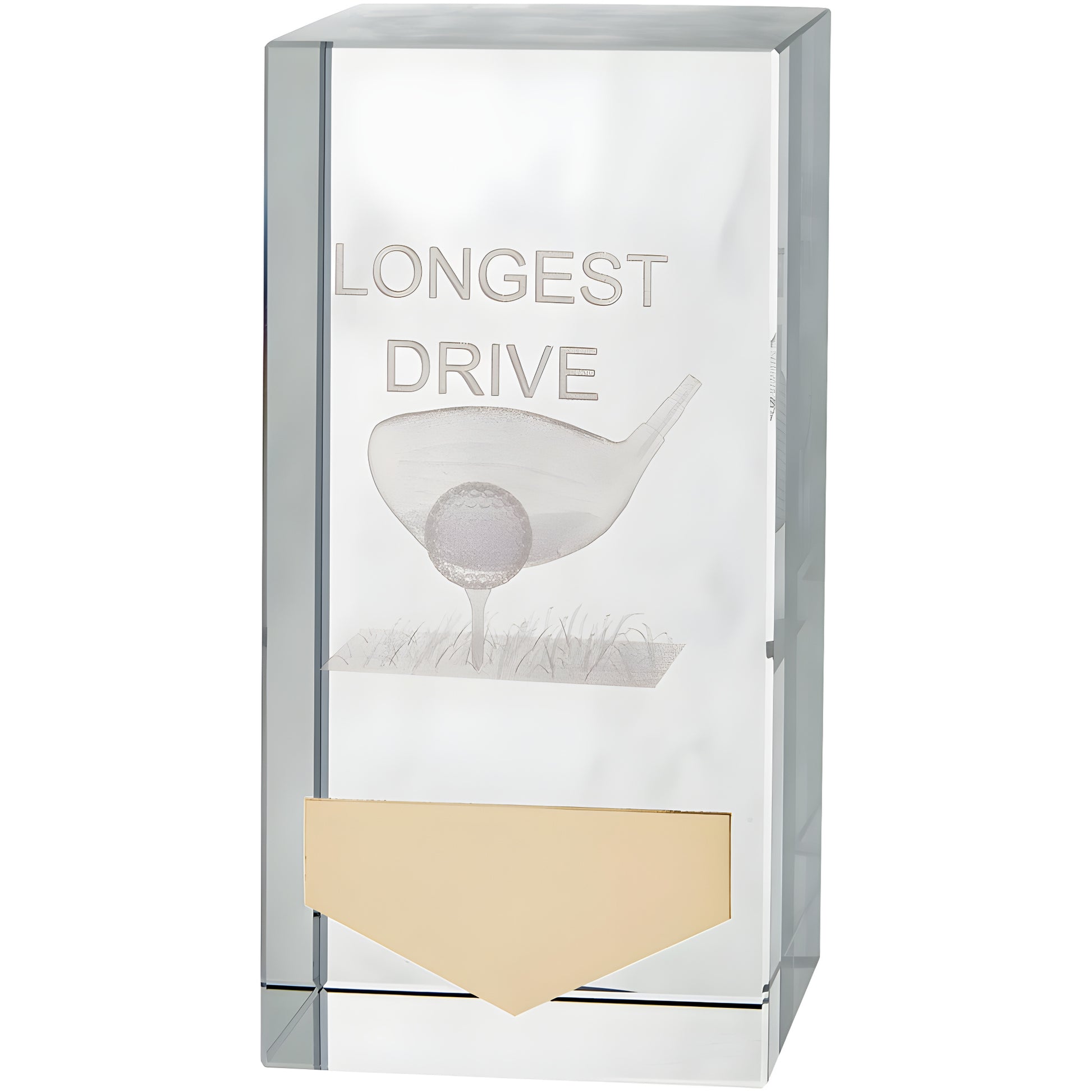 Clear crystal golf award with longest drive engraving and decorative golf club and ball design.