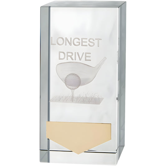 Clear crystal golf award with longest drive engraving and decorative golf club and ball design.