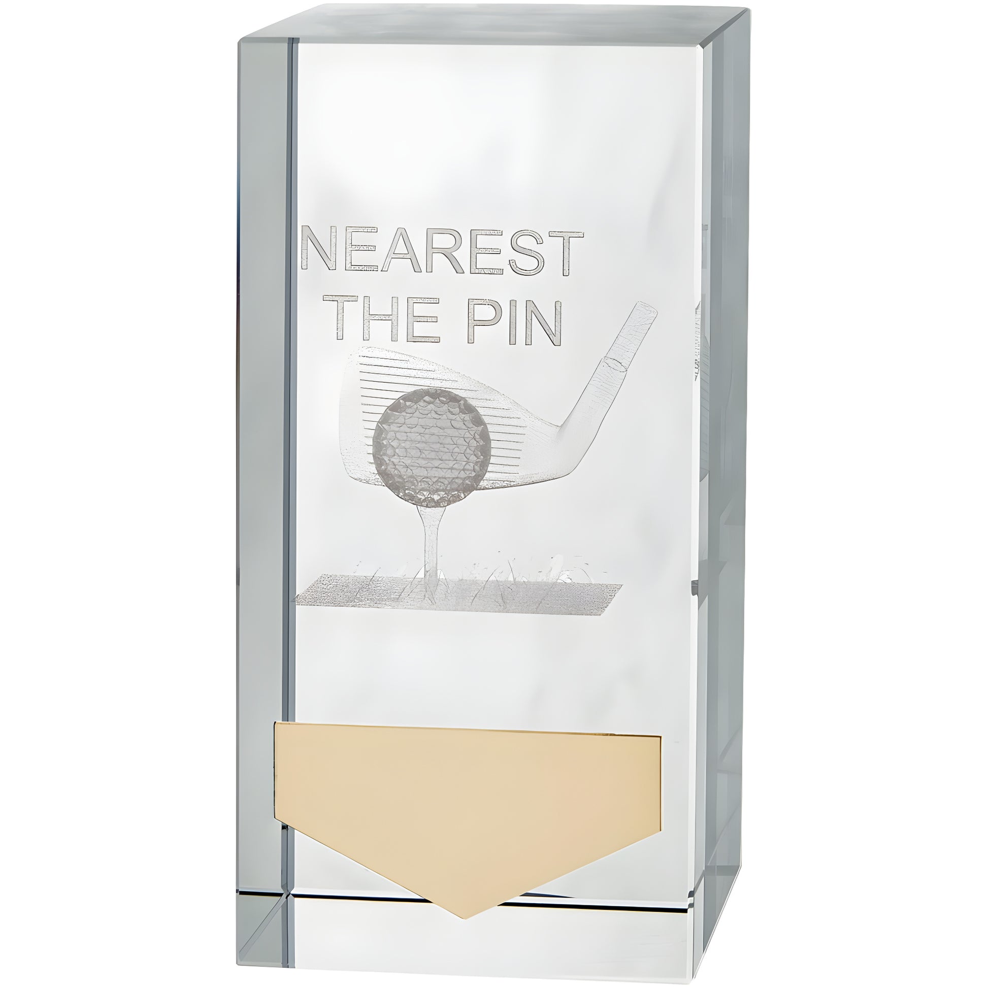 Crystal award with golf club and ball engraving for nearest the pin winner.