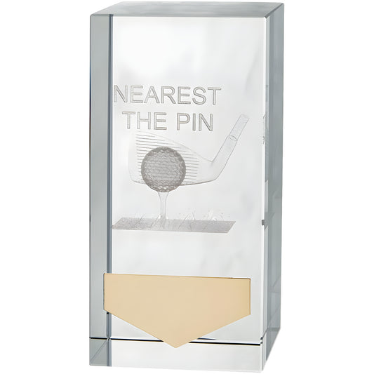 Crystal award with golf club and ball engraving for nearest the pin winner.