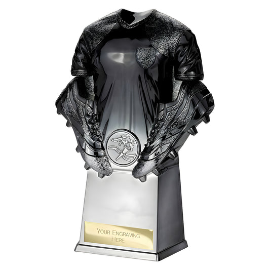 Soccer trophy featuring black and gunmetal shirt and cleats with engraving option.