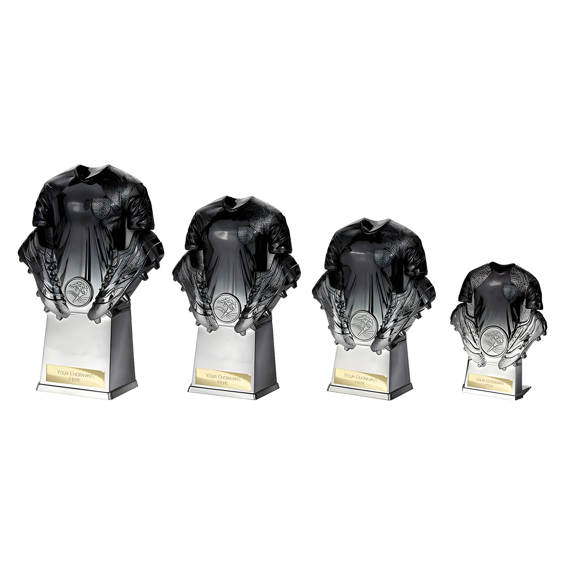 Four carbon black football shirt trophies in varying sizes with engraved plaques.