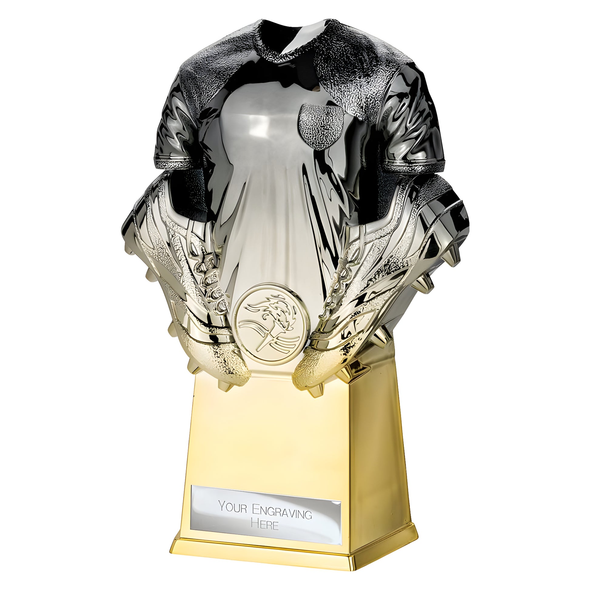 Gunmetal and gold football shirt trophy with customizable engraving plate.