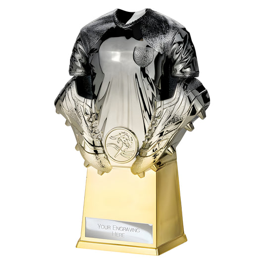 Gunmetal and gold football shirt trophy with customizable engraving plate.