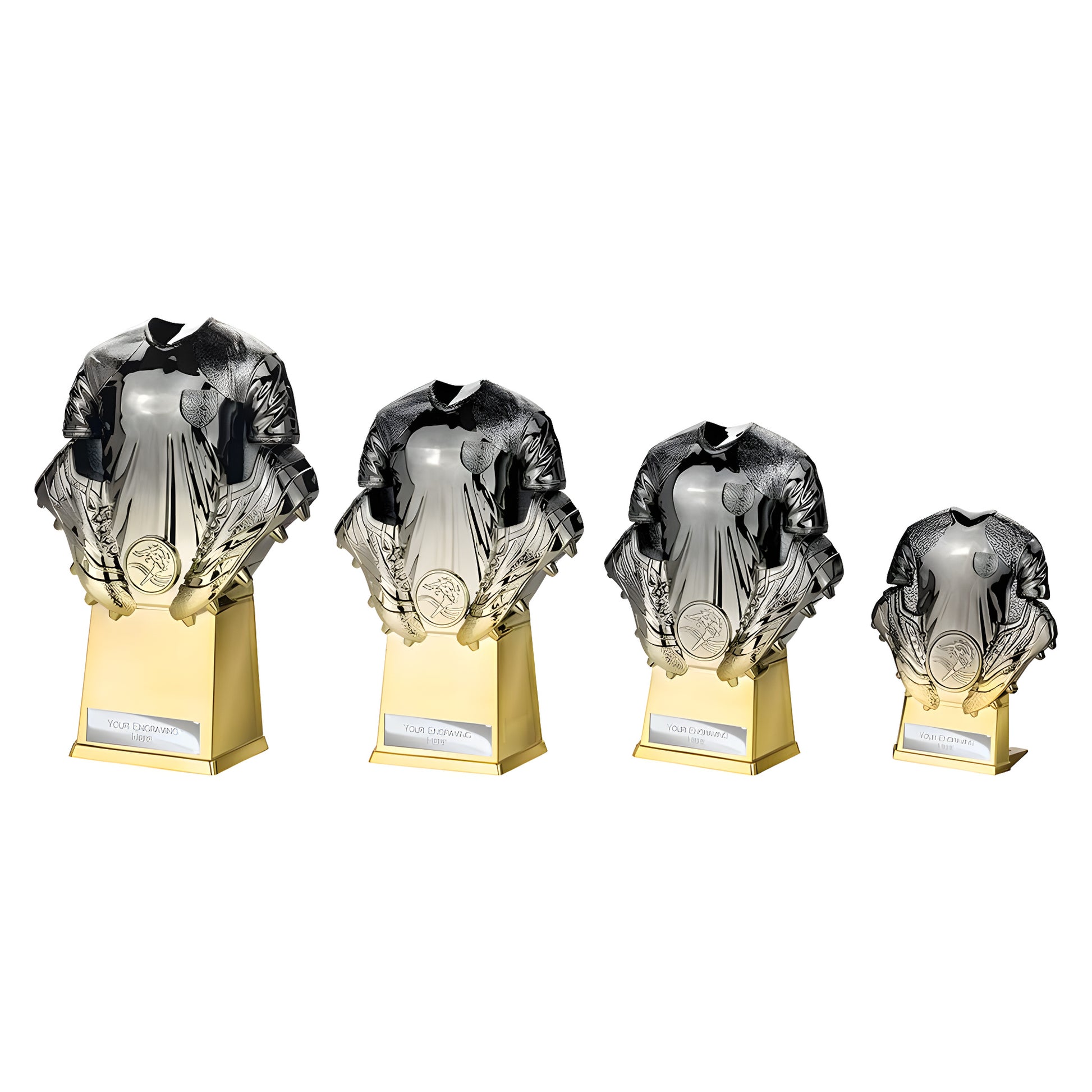 Four gunmetal to gold football shirt trophies in various sizes on display.