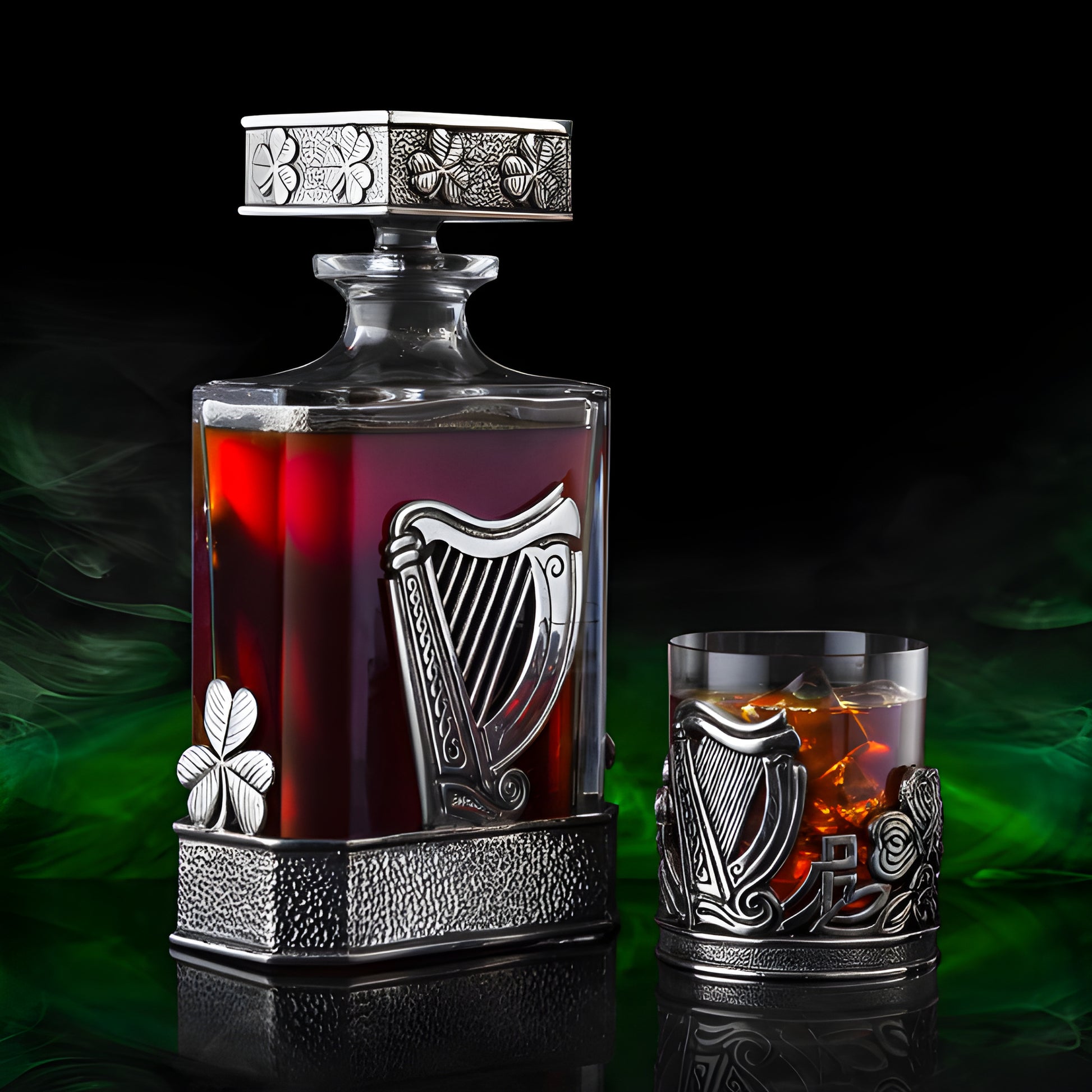 Elegant whiskey decanter set with Irish harp and clover motif.