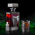 Elegant whiskey decanter set with Irish harp and clover motif.